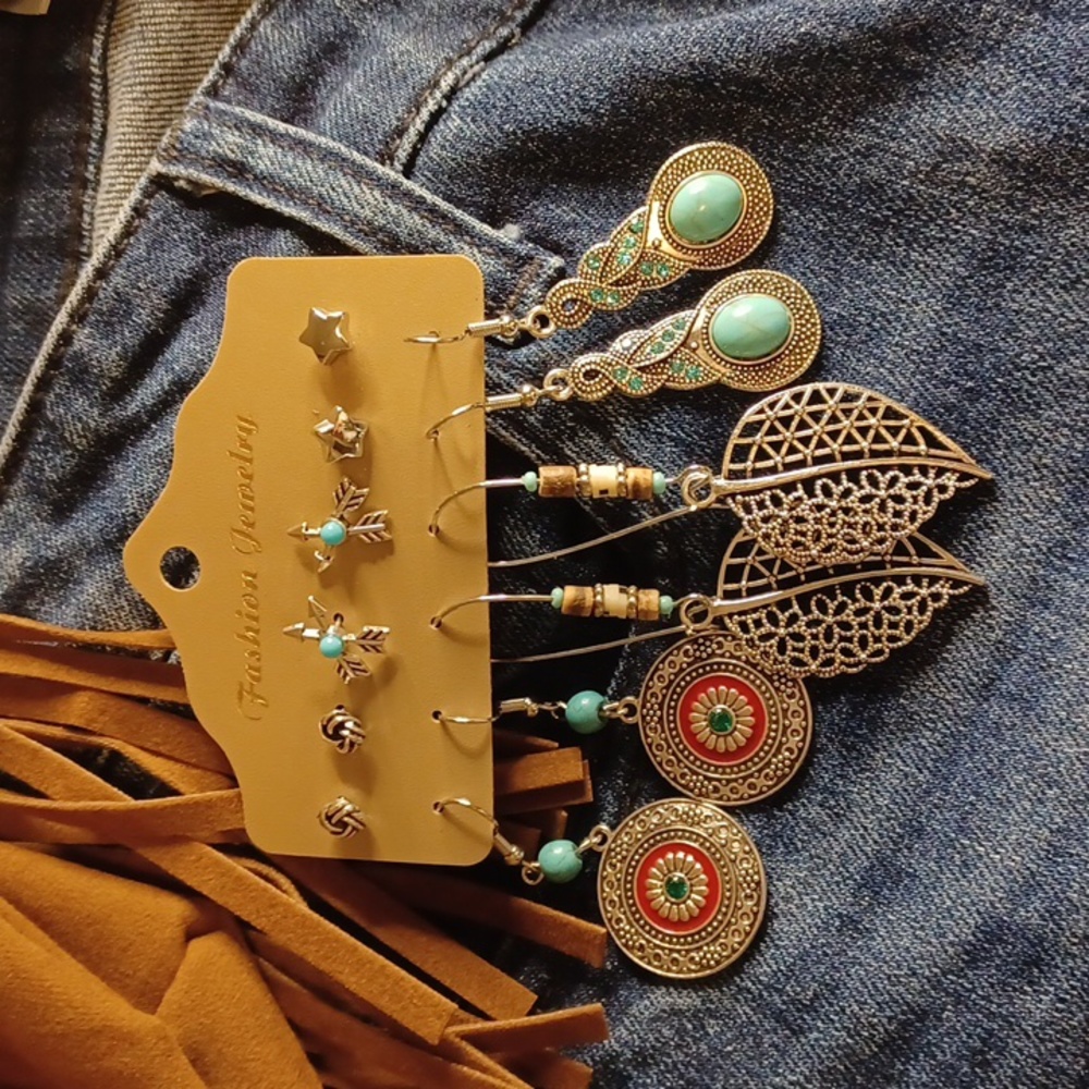 Native American Tribal Inspired Stud & Drop Fashion Earring Set of 6 Pairs